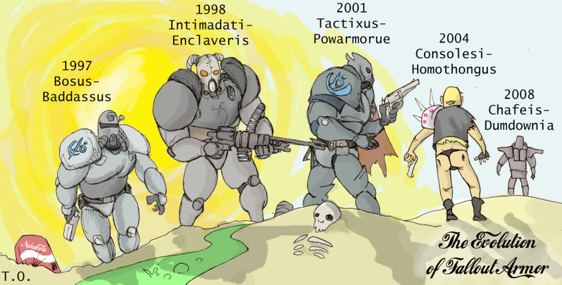 The Evolution of Fallout Armor
1997- Bosus Baddassus
1998- Intimadati Enclaveis
2001- Tactixus Powarmorue
2004- Consolesi Homothongus
2008- Chafeis Dumdownia
Keywords: evolution fallout armor power enclave
